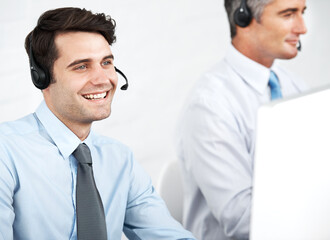 Aufkleber - Business people, computer and men with headphones, call center and telemarketing with help desk. Employees, consulting agency and coworkers with headset, contact us and customer support with service