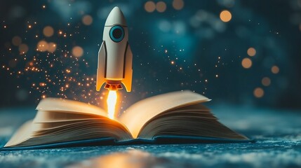 Poster - Creative 3D concept of a rocket blasting off from an open book leaving a trail of light on a sleek minimalistic blue background capturing the spirit of innovation and education on World Book Day