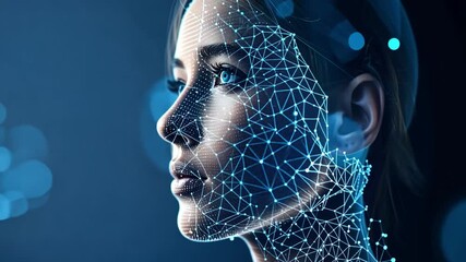 Poster - A detailed digital representation of a female face made up of glowing binary code, symbolizing advancements in artificial intelligence and technology in a futuristic setting.
