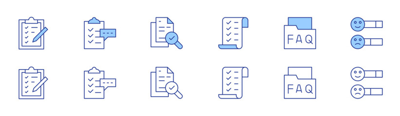 Survey icon set in two styles, Duotone and Thin Line style. Editable stroke. checklist, clipboard, survey, document, faq