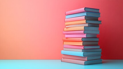 Poster - Creative 3D illustration for World Book Day featuring a stack of books on a smooth minimalist background with gradient colors and space for text perfect for a modern clean design