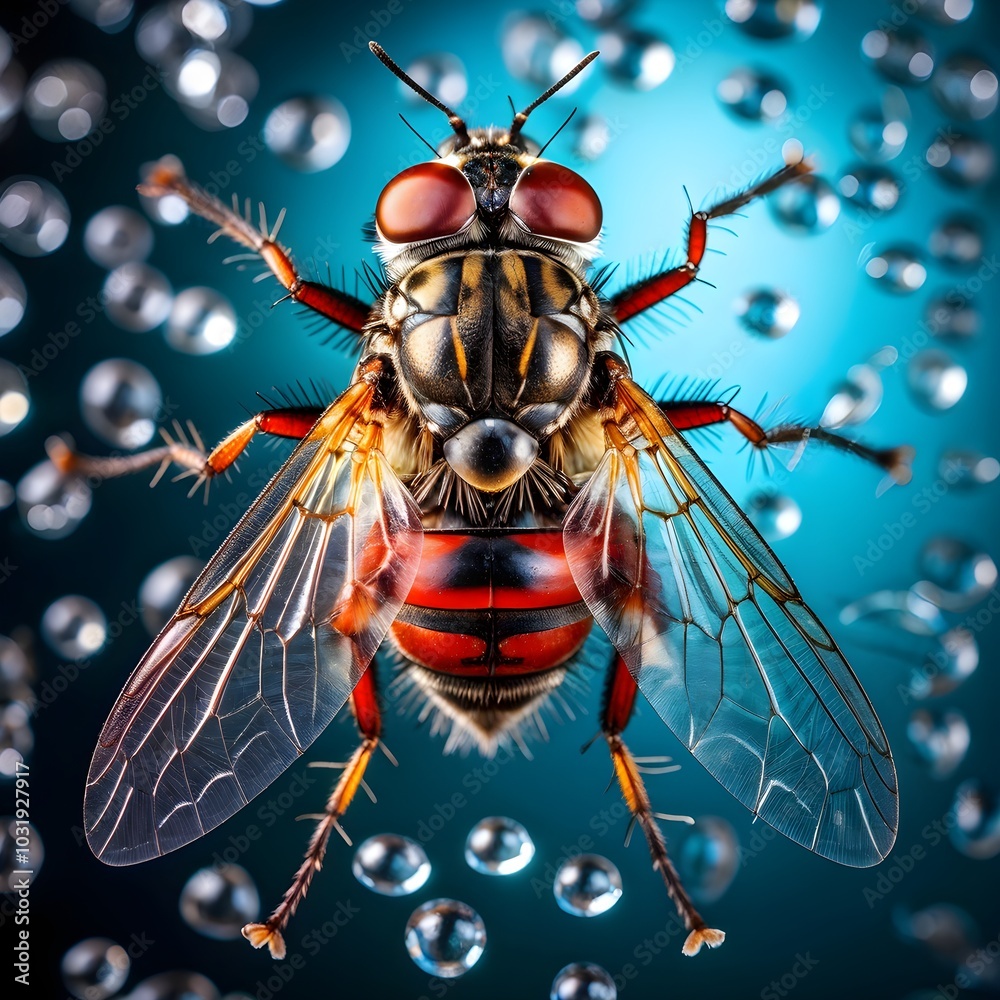 macro of a housefly (Musca domestica) with detailed wings, large red ...