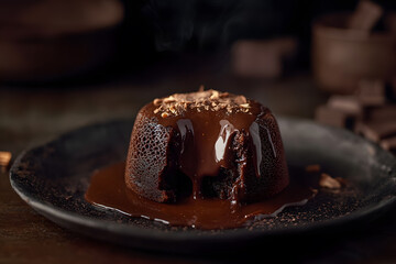 Melted Chocolate lava cake on dark background commercial advertising photo