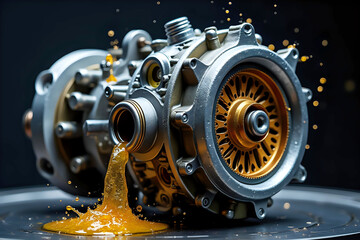 Detailed car engine with splashes of oil and water in a workshop setting. The metallic components and machinery parts are in focus.