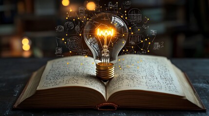 Poster - Creative concept design World Intellectual Property Day showing light bulb sitting on an open book with intricate doodles of technology art and science surrounding it representing knowledge and ideas