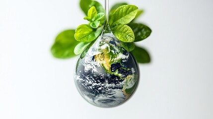 Poster - Creative depiction of a water drop containing the Earth embellished with lush green leaves representing the essence of World Water Day set against a minimalist white background for text inclusion