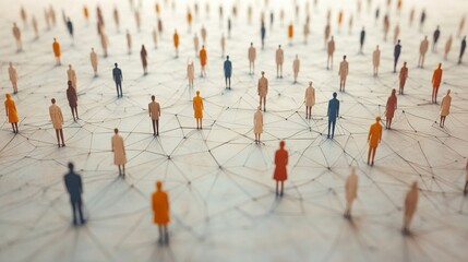 Poster - A myriad of diverse figures stands scattered across a vast surface, interconnected by lines, emphasizing the concept of social networks and relationships.