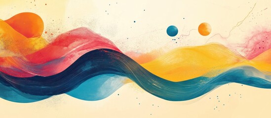 Poster - abstract wavy pattern with yellow, red, blue, and white colors on a cream background.