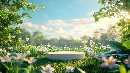 Poster - Creative Earth Day scene with a 3D cylinder podium positioned on a vibrant green meadow framed by blooming plants and a clear blue sky promoting environmental protection and sustainability