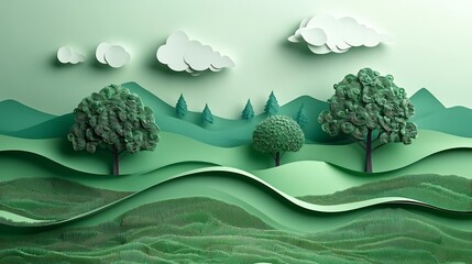 Poster - Creative ecofriendly scene in paper art style with trees hills and clouds The Earth Day concept highlights environmental protection and nature conservation in a minimalist green theme