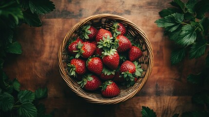 A basket of fresh, ripe strawberries on a wooden background with green leaves.