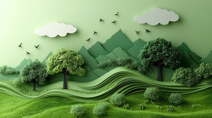 Poster - Creative ecofriendly scene in paper art style with trees hills and clouds The Earth Day concept highlights environmental protection and nature conservation in a minimalist green theme