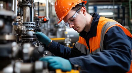 A hydraulic engineer on-site, carefully checking the safety of hydraulic systems and ensuring proper installation in an industrial setting