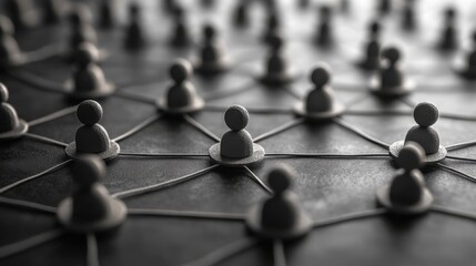 Aufkleber - Small wooden figures stand connected by rubber bands, illustrating the concept of networking and social interactions in a thoughtful arrangement.