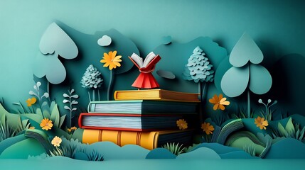 Poster - Creative flat design illustration in paper cut style featuring a stack of books and playful reading characters designed for World Book Day with plenty of copy space to inspire young readers