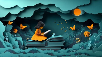 Poster - Creative flat design illustration in paper cut style featuring a stack of books and playful reading characters designed for World Book Day with plenty of copy space to inspire young readers