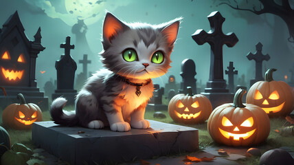 cat with halloween background with pumpkin and bats