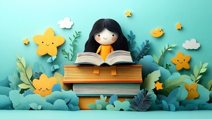 Poster - Creative flat design illustration in paper cut style featuring a stack of books and playful reading characters designed for World Book Day with plenty of copy space to inspire young readers
