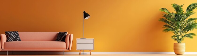 Cozy living room with a peach couch, modern lamp, and green plant against a vibrant orange wall.