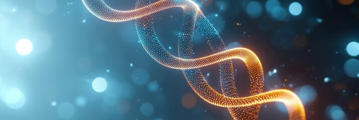 Poster - abstract orange and blue glowing dna double helix structure on a dark background with bokeh