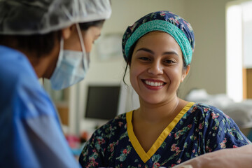 A woman in a hospital setting is smiling at a nurse