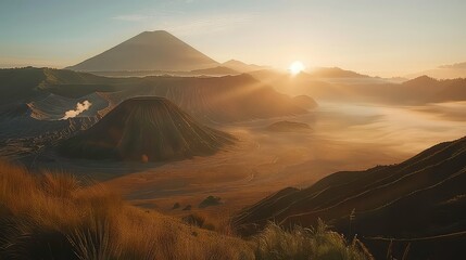 Canvas Print - A panoramic view of a volcanic landscape bathed in the warm glow of sunrise, with fog and mist filling the valley and golden light illuminating the peaks.