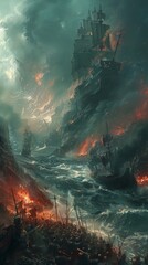 Wall Mural - a digital painting shows a chaotic sea battle: a sinking pirate ship, soldiers with weapons, flames,