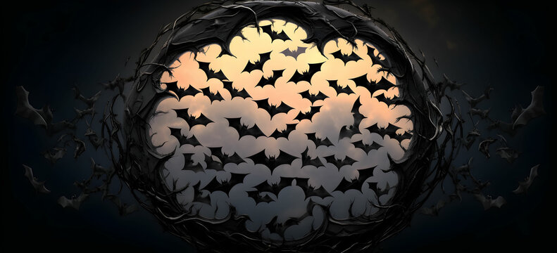Bats arranged in a circular pattern around a crescent moon, forming a visually striking composition