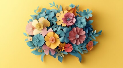 Poster - Creative paper cut illustration featuring human brain adorned colorful flowers set against a bright yellow background symbolizing World Mental Health Awareness Day and the beauty of mental wellbeing