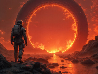 Poster - Astronaut walks towards ancient stone portal. Generative AI
