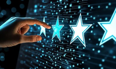 hand reaching towards three glowing blue stars on a digital screen.