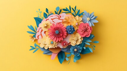 Poster - Creative paper cut illustration featuring human brain adorned colorful flowers set against a bright yellow background symbolizing World Mental Health Awareness Day and the beauty of mental wellbeing