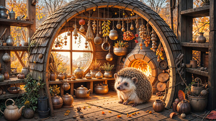 Poster - interior of a hedgehog's hole, bunches of plants and mushrooms, preparations for the winter, a cozy fireplace and a cute hedgehog. Generative AI