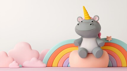 Cute hippopotamus unicorn on rainbow background