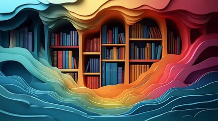 Poster - Cute paper cut style depiction of a busy library overflowing with books of various colors and sizes encouraging readers to search for knowledge and celebrate World Book Day with joy
