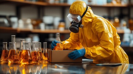 A specialist in a protective chemical suit and a respirator collects hazardous chemical liquids in beakers for an experiment