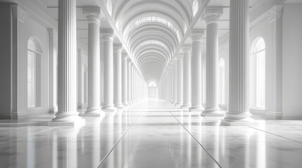 Poster - The expansive corridor showcases a series of grand columns, with light streaming through the arches, creating a tranquil atmosphere filled with elegance and beauty.