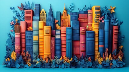 Poster - Cute paper cut style depiction of a busy library overflowing with books of various colors and sizes encouraging readers to search for knowledge and celebrate World Book Day with joy