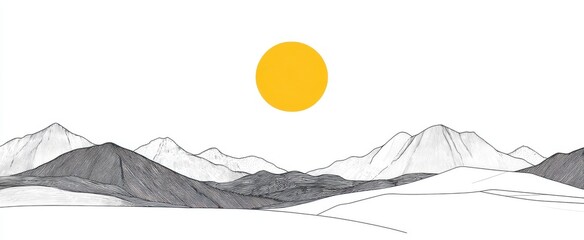 A mountain range with a sun in the sky. The sun is yellow and is in the middle of the sky