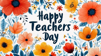 Poster - Delicate Happy Teachers Day greeting card with blooming flowers framing the text on a bright white backdrop The floral accents and graceful typography create a heartfelt appreciation for teachers