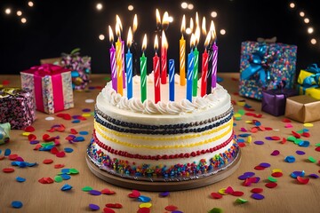 A beautifully decorated birthday cake with multicolored candles on a wooden table surrounded by confetti and gift boxes isolated background