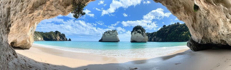 A beautiful beach with a large rock formation in the background. The sky is clear and the water is calm