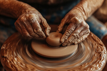 A potter's wheel is spinning as a person's hands shape a piece of clay