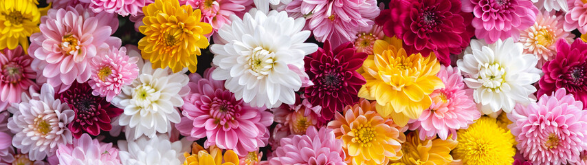 Vibrant collection of blooming dahlias in shades of pink, purple, and yellow. Banner or header