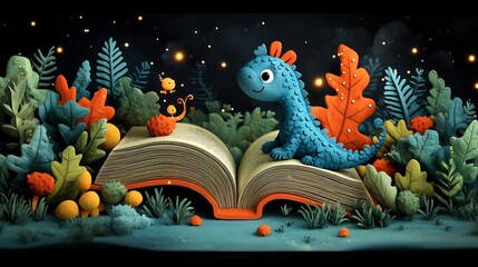 Poster - Delightful flat design cartoon illustration celebrating World Book Day showcasing an open book with imaginative stories and characters flowing from its pages creating an enchanting atmosphere