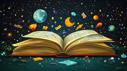 Poster - Delightful flat design cartoon illustration celebrating World Book Day showcasing an open book with imaginative stories and characters flowing from its pages creating an enchanting atmosphere