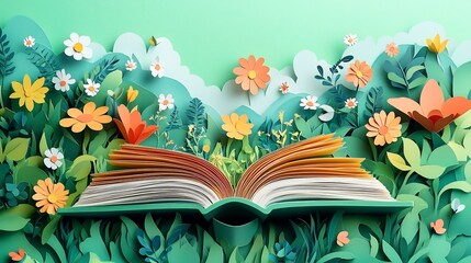 Poster - Delightful flat illustration in paper cut style for World Book Day showcasing an open book with colorful flowers and a whimsical landscape providing ample copy space for inspirational quotes