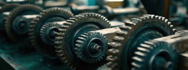 Aligned Industrial Gears, a series of uniform mechanical components showcasing precision and engineering excellence in a factory setting