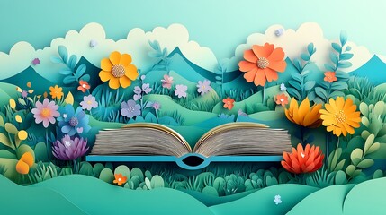 Poster - Delightful flat illustration in paper cut style for World Book Day showcasing an open book with colorful flowers and a whimsical landscape providing ample copy space for inspirational quotes
