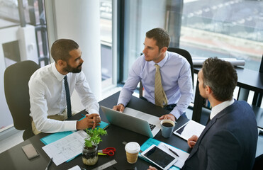 Aufkleber - Meeting, finance or business people on laptop with group for feedback and discussion or teamwork. Corporate review, financial or professional colleagues talking for news, advice and planning online